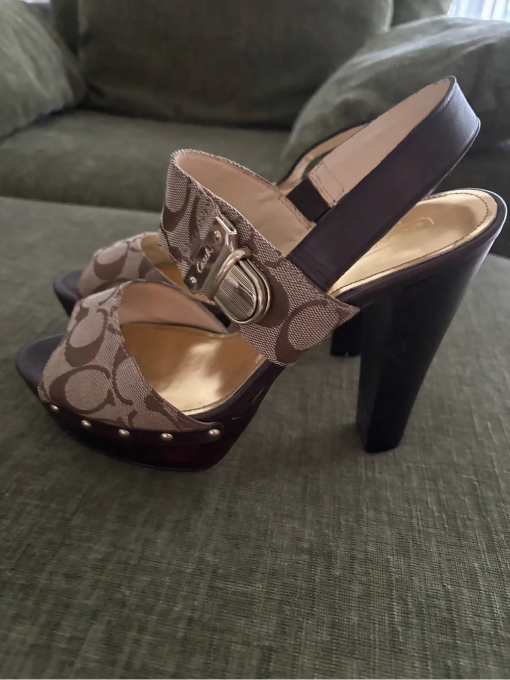 Coach Brown Signature Canvas Platform Slingback Sandals with Gold Accent